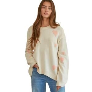 NWT By Together Knit Sweater Size S Beige w/Pink Hearts Crew Neck, Long Sleeves